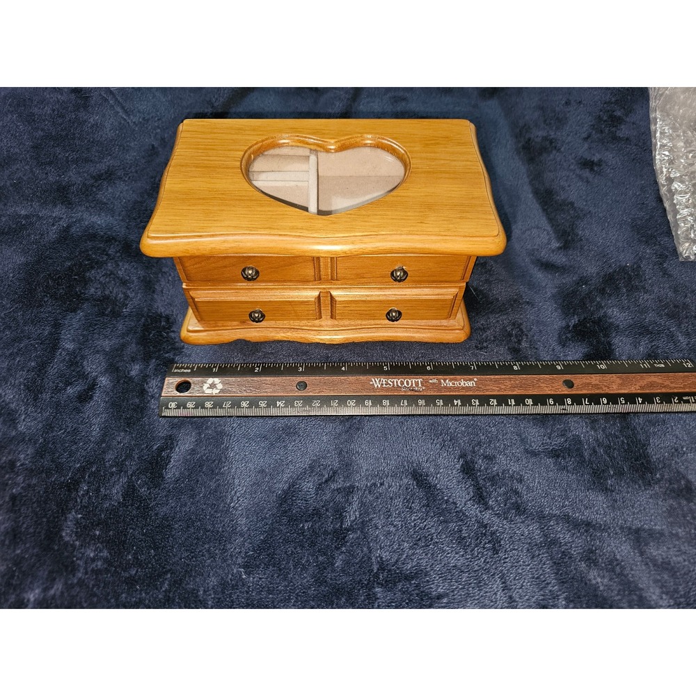 Vintage Wooden Jewelry Box Heart Glass Window 2 Drawers Oak Finish Organizer